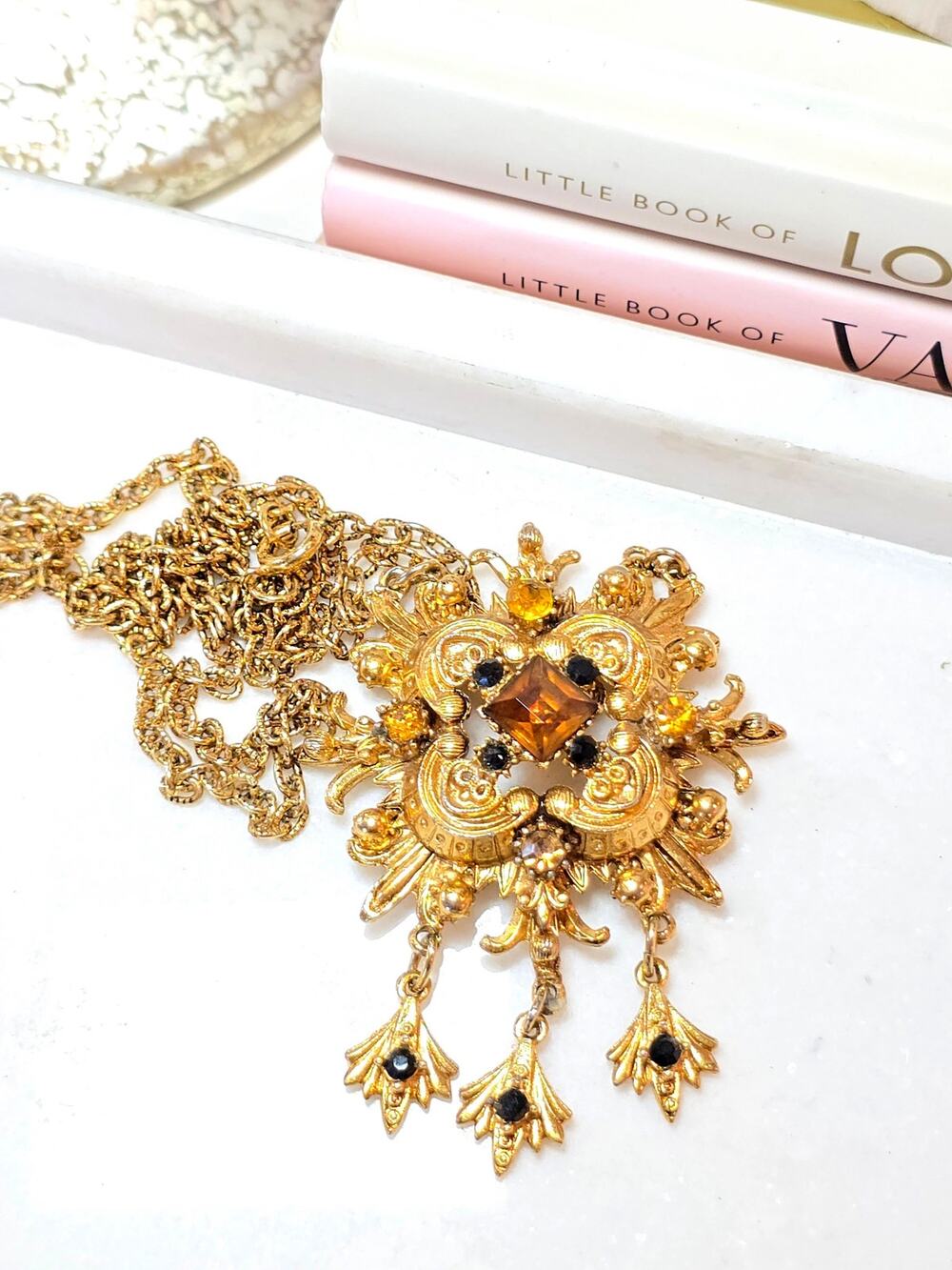 Florenza Unsigned Gold and Topaz Colored Rhinestones Necklace.